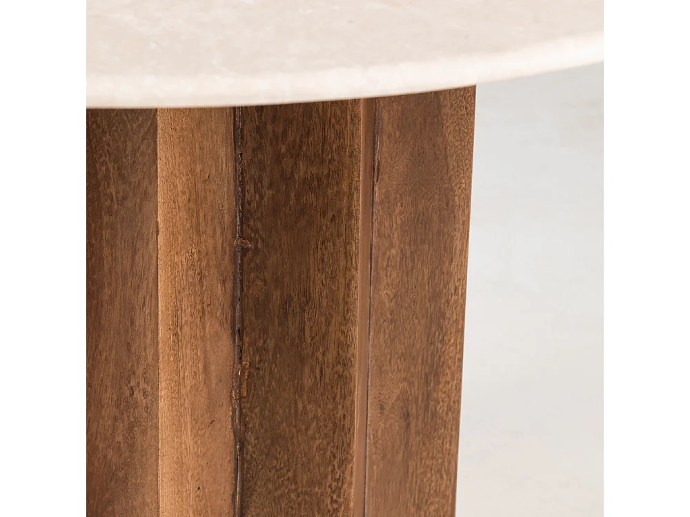 Sorong - Table à manger 4 personnes ronde en marbre et bois massif - Ivoire