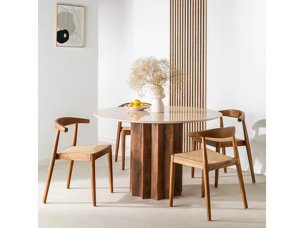 Sorong - Table à manger 4 personnes ronde en marbre et bois massif - Ivoire