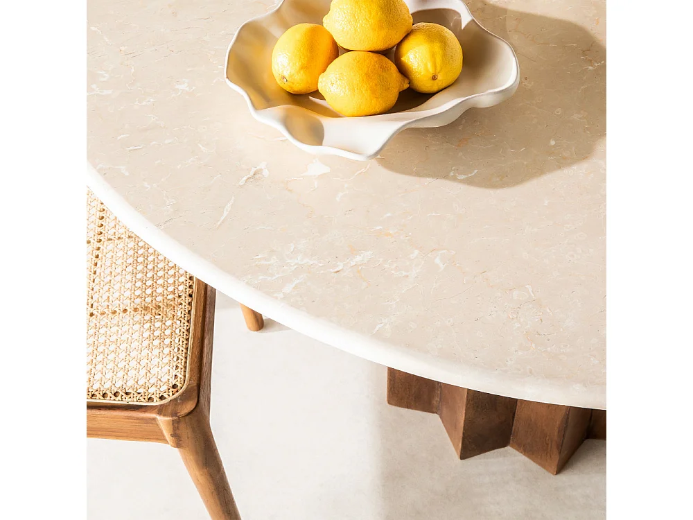 Sorong - Table à manger 4 personnes ronde en marbre et bois massif - Ivoire