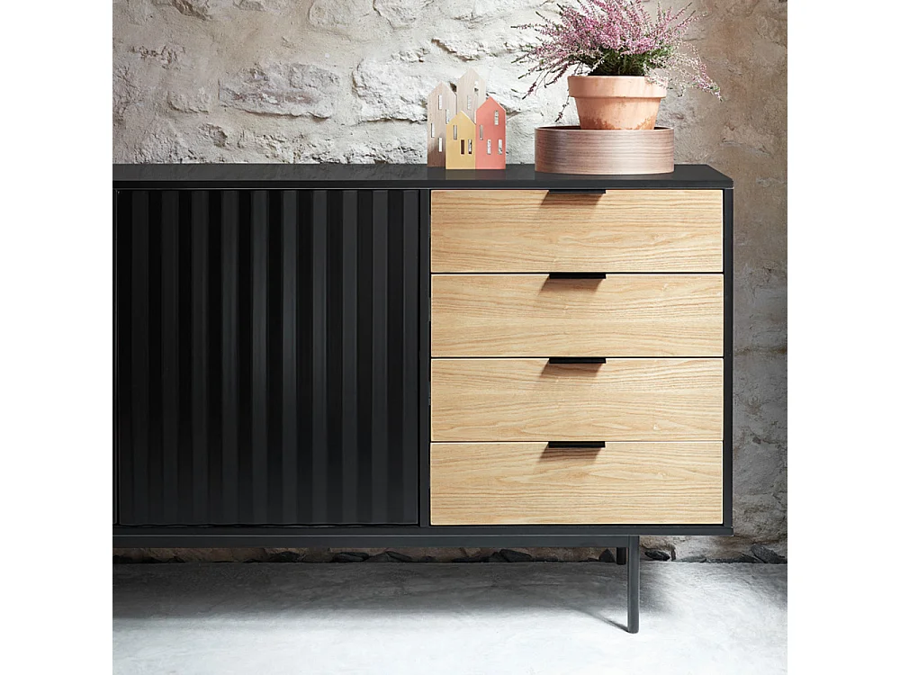 Sierra - Buffet en bois 2 portes 4 tiroirs L159,2cm : Couleur - Noir