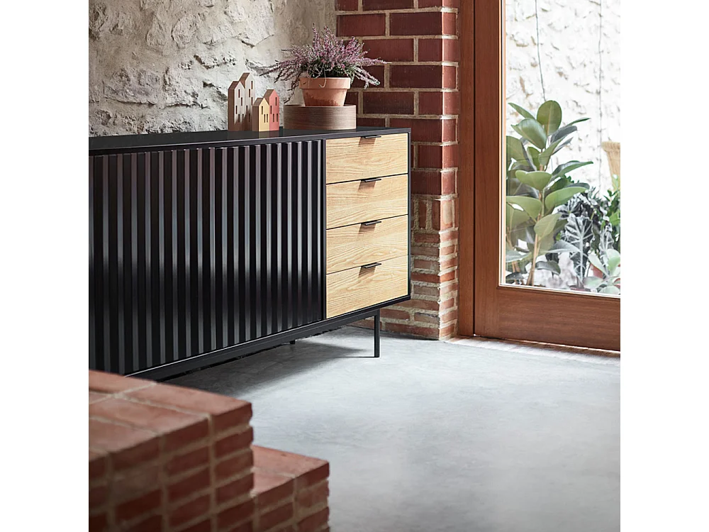 Sierra - Buffet en bois 2 portes 4 tiroirs L159,2cm : Couleur - Noir