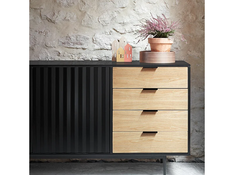 Sierra - Buffet en bois 2 portes 4 tiroirs L159,2cm : Couleur - Noir