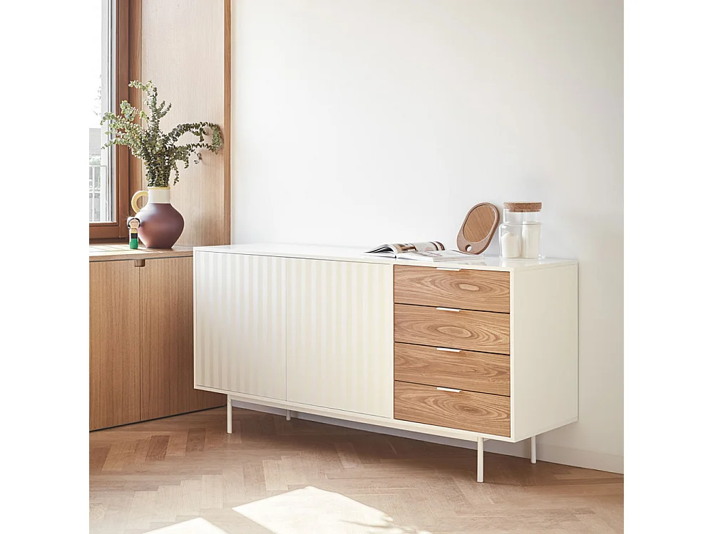 Sierra - Buffet en bois 2 portes 4 tiroirs L159,2cm : Couleur - Blanc