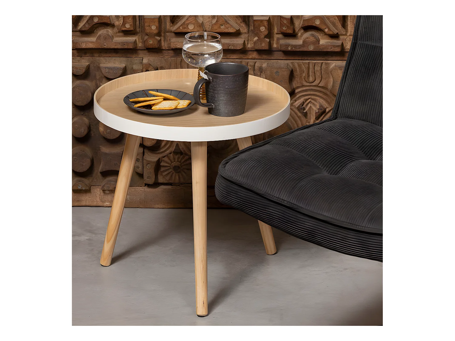 False - Table basse ronde trépied - Bois clair