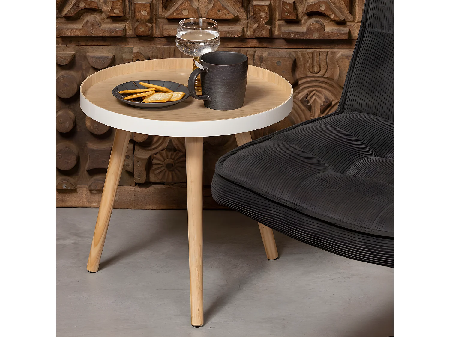 False - Table basse ronde trépied - Bois clair