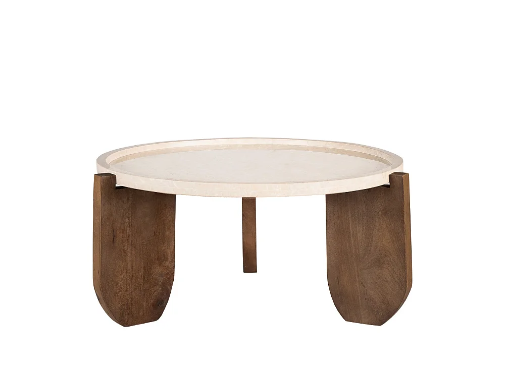 Nador - Table basse en marbre et bois massif ø80cm - Ivoire