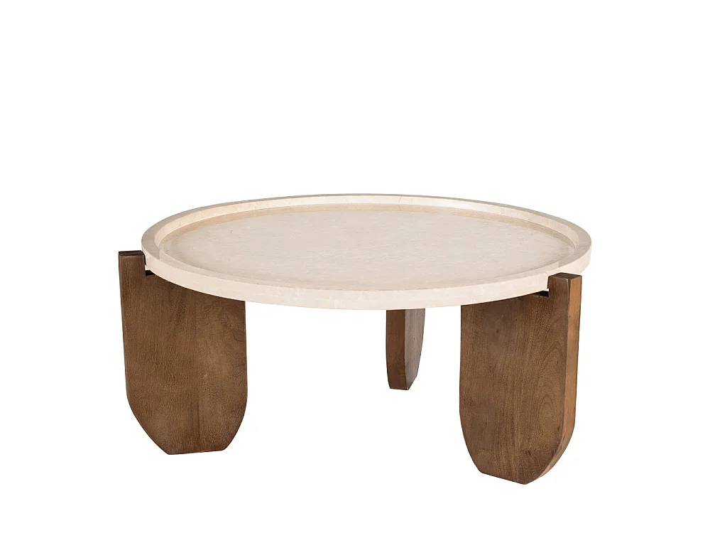 Nador - Table basse en marbre et bois massif ø80cm - Ivoire