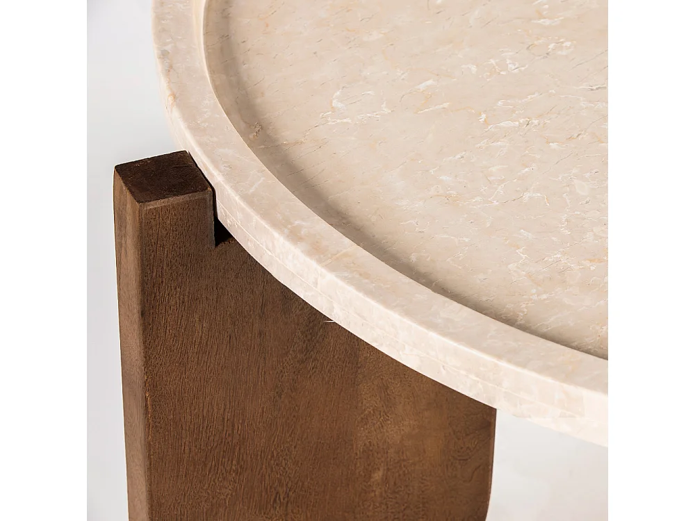 Nador - Table basse en marbre et bois massif ø80cm - Ivoire