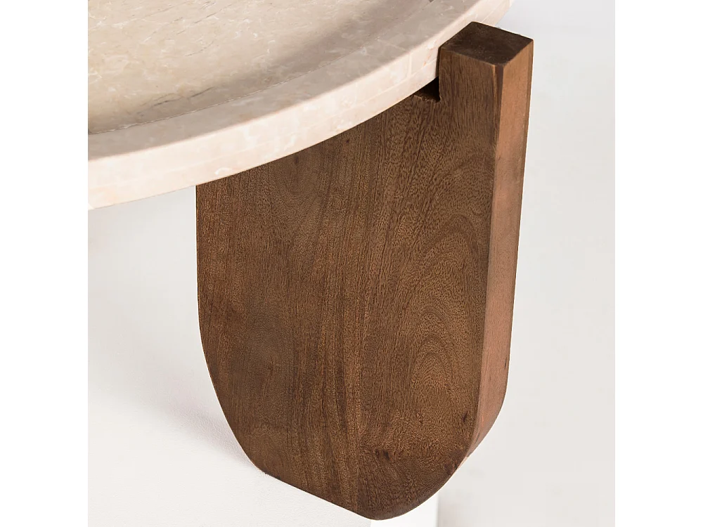 Nador - Table basse en marbre et bois massif ø80cm - Ivoire