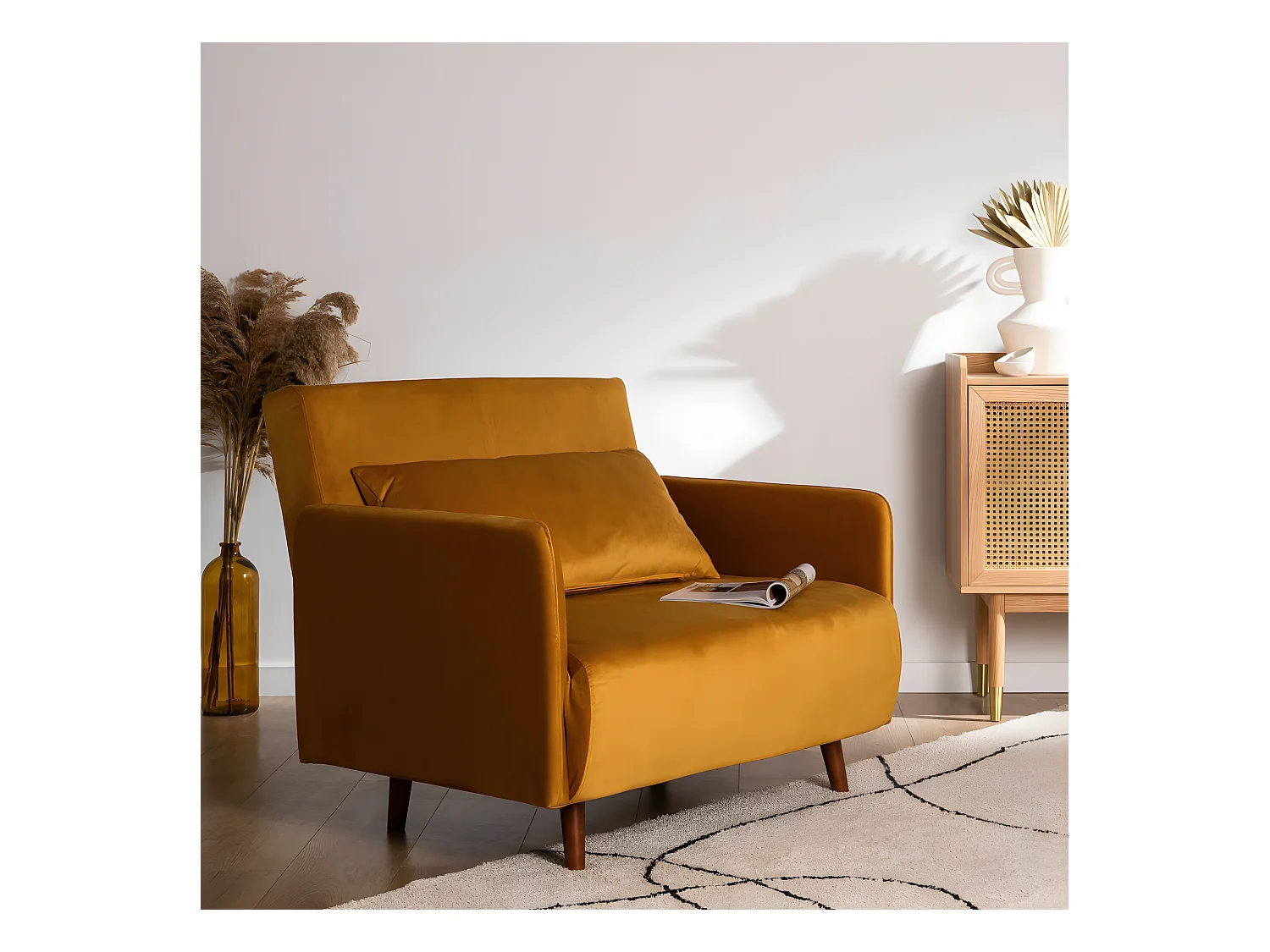 Belushi - Fauteuil convertible en velours - Jaune moutarde