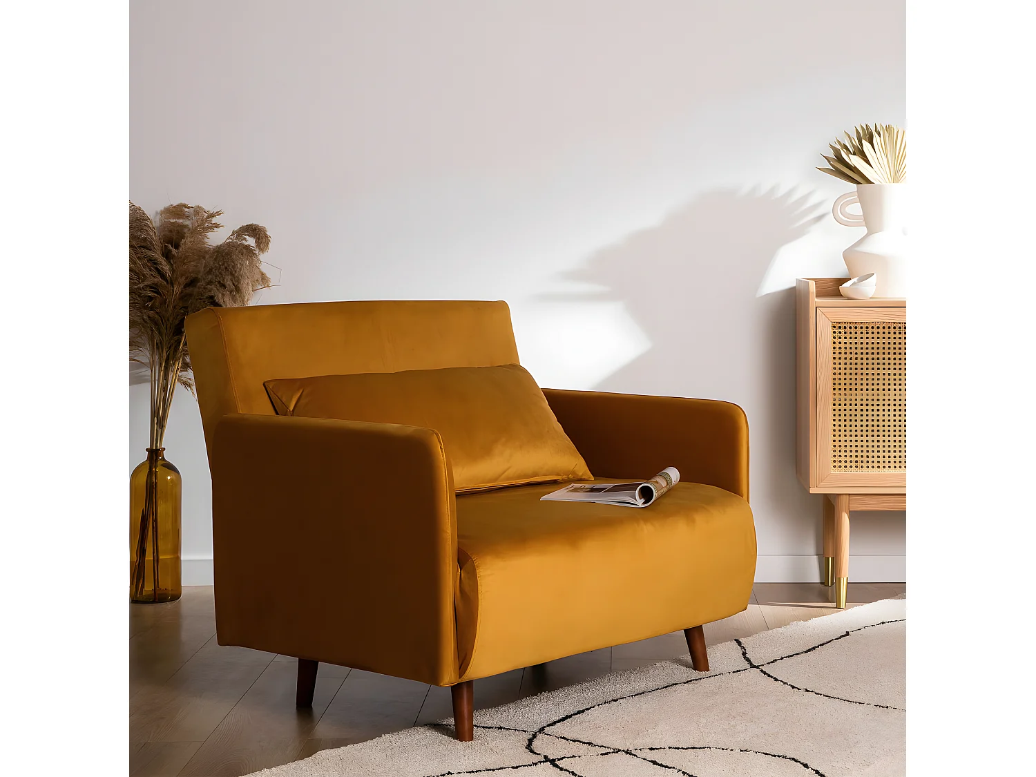Belushi - Fauteuil convertible en velours - Jaune moutarde