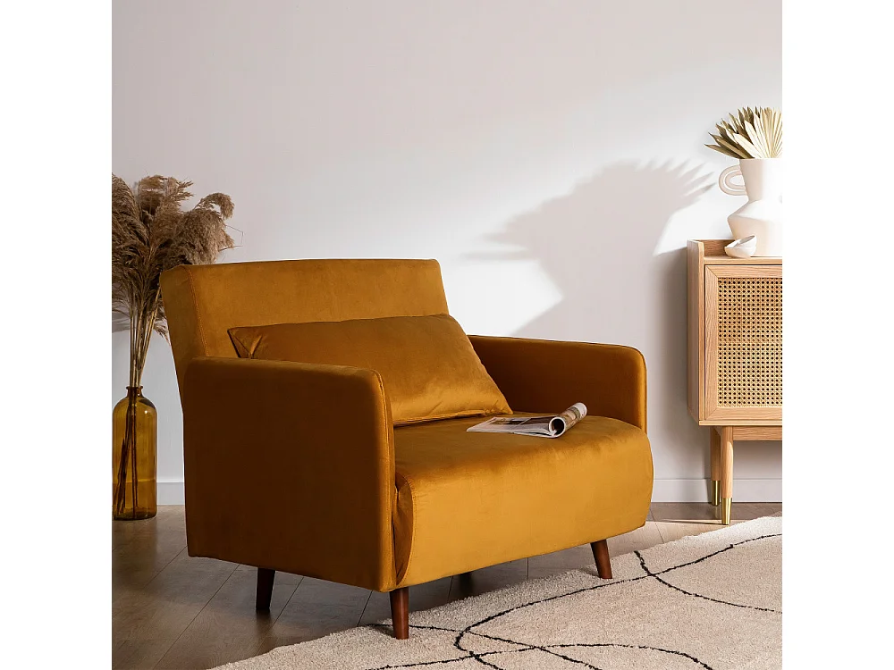 Belushi - Fauteuil convertible en velours - Jaune moutarde