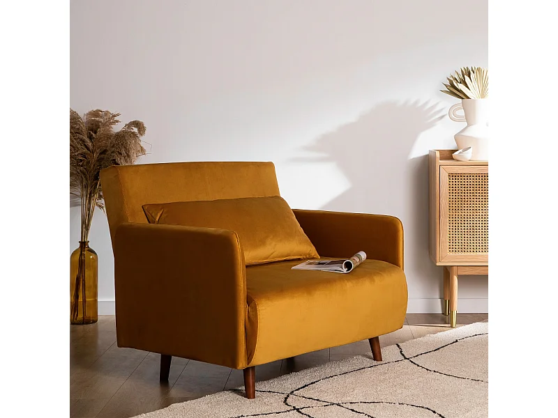 Belushi - Fauteuil convertible en velours - Jaune moutarde