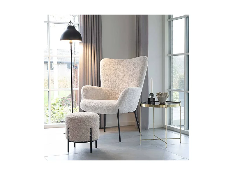 Pouf rond ALFORD – Tissu bouclette & pieds métal noir-Blanc