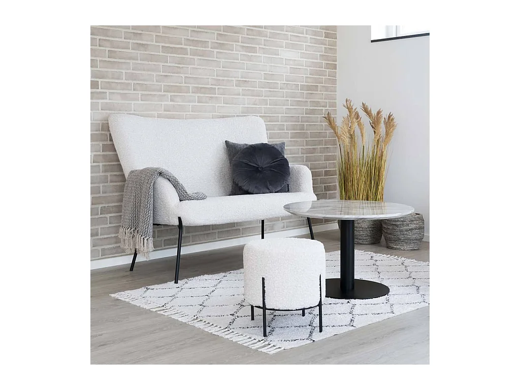 ALFORD ronde poef – Bouclette stof & zwarte metalen poten-Color Blanco