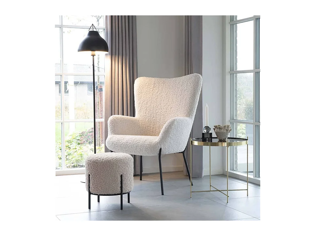 Pouf rond ALFORD – Tissu bouclette & pieds métal noir-Blanc