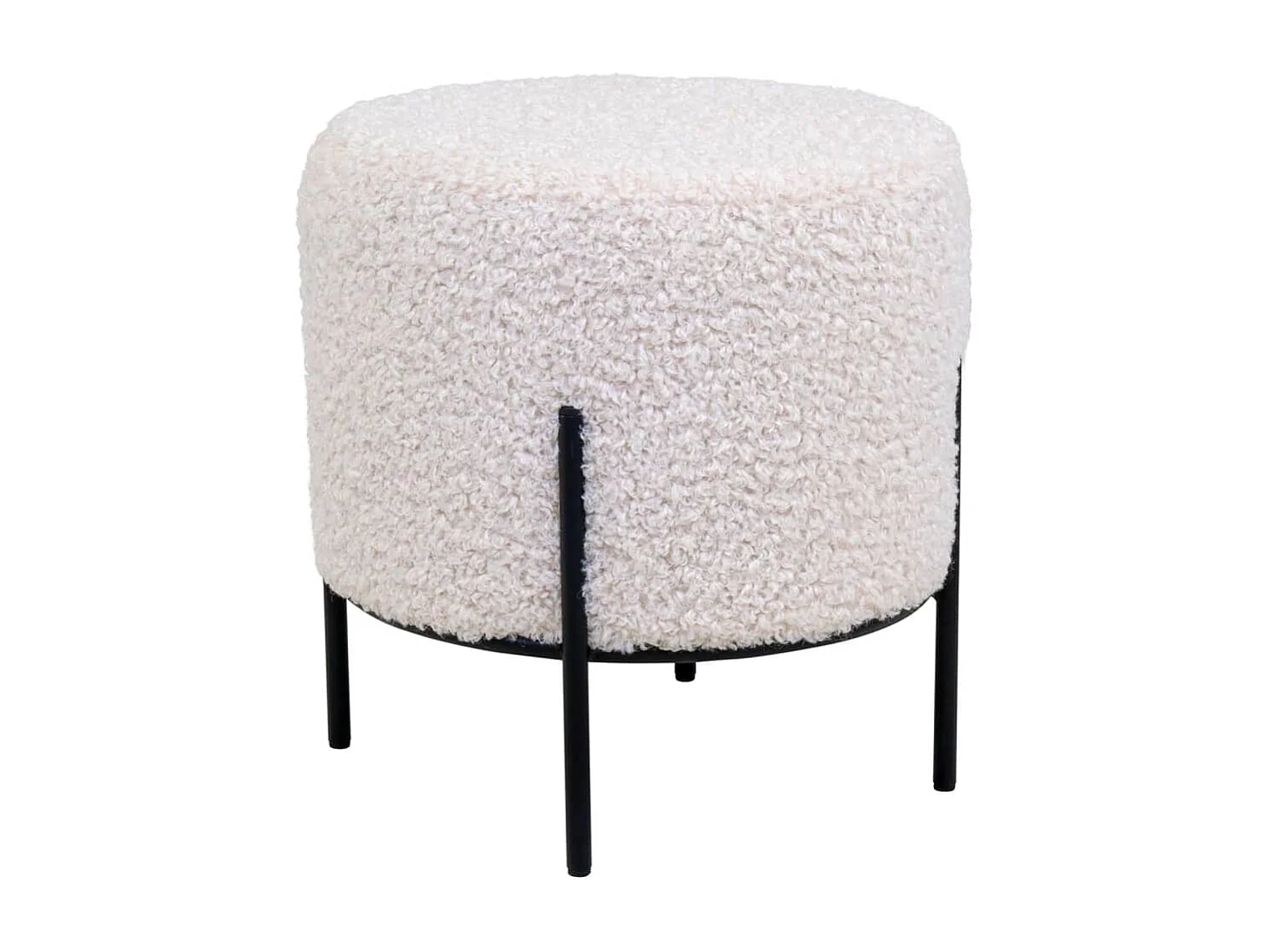 Pouf rond ALFORD – Tissu bouclette & pieds métal noir-Blanc