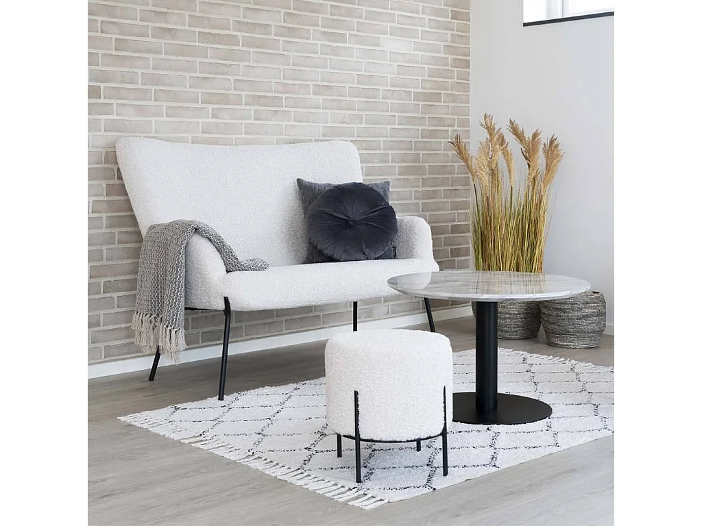 Pouf rond ALFORD – Tissu bouclette & pieds métal noir-Blanc