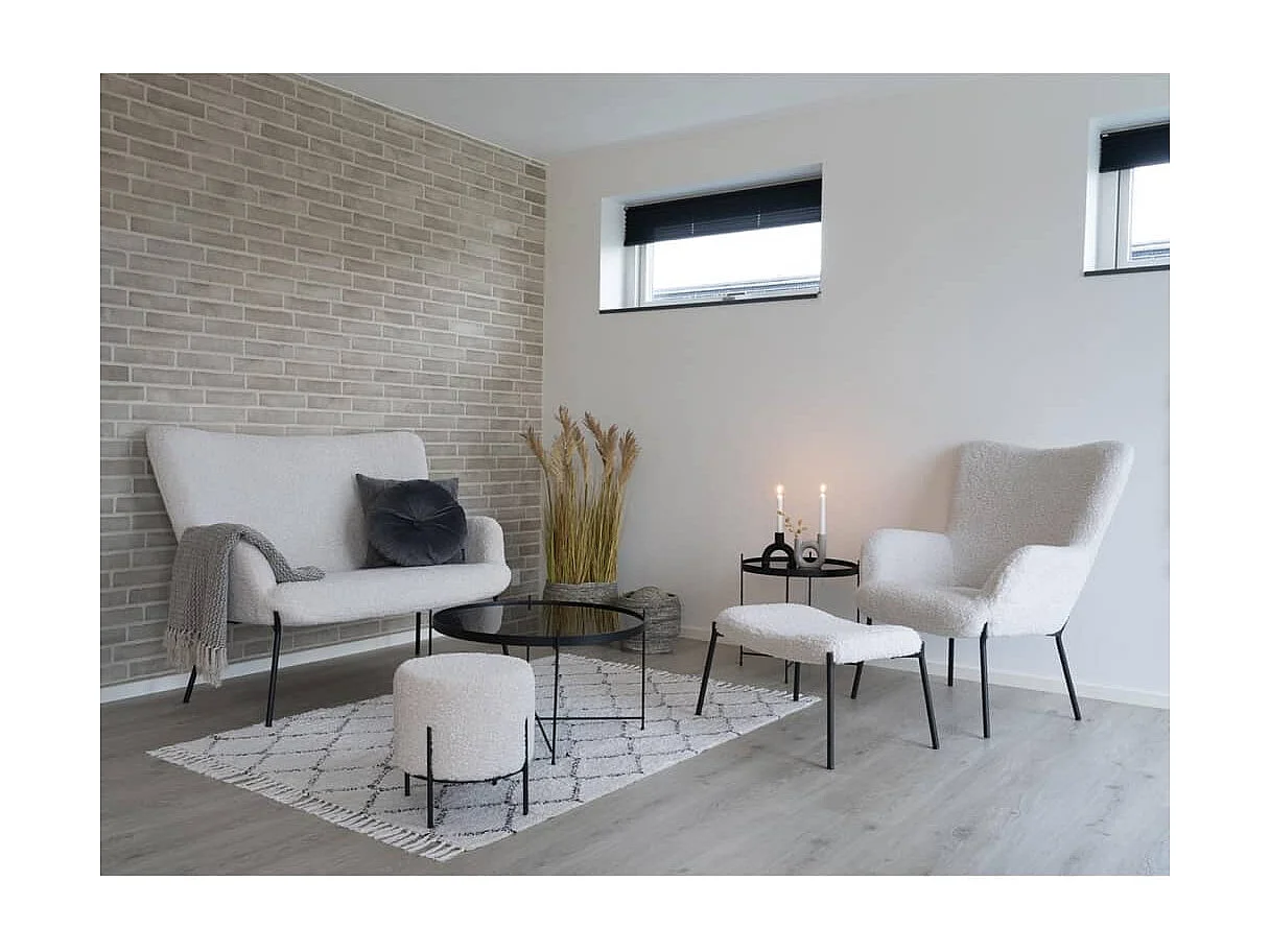 Pouf rond ALFORD – Tissu bouclette & pieds métal noir-Blanc