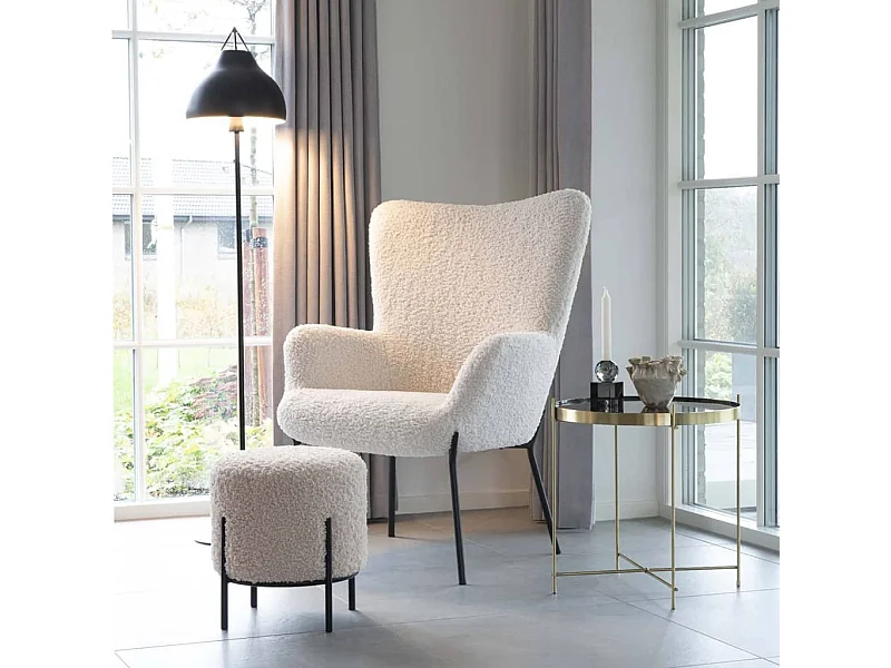 Pouf rond ALFORD – Tissu bouclette & pieds métal noir-Blanc