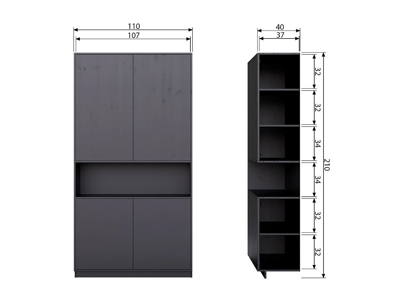 Finca - Meuble de rangement en bois massif de pin L110cm - Noir