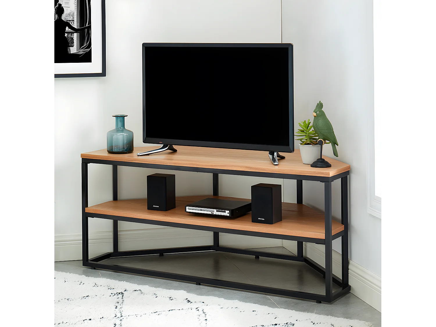 Ivica - Meuble TV d'angle en bois et métal L120cm - Bois clair