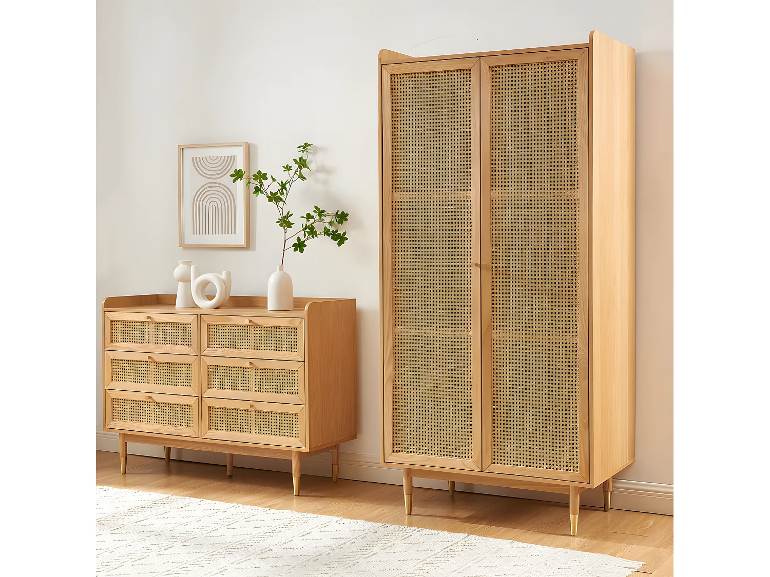Bombong - Armoire 2 portes en bois et cannage - Bois clair