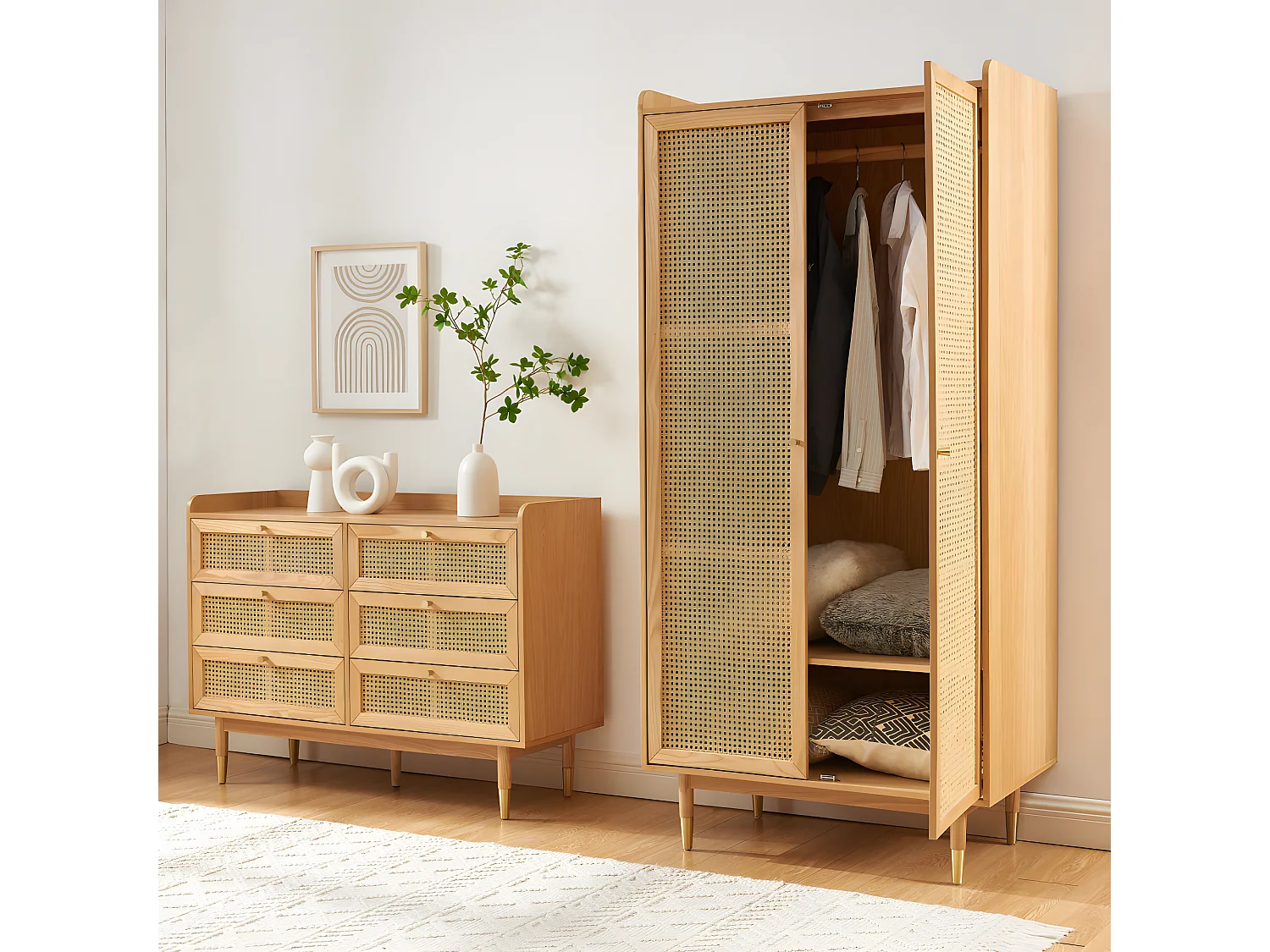 Bombong - Armoire 2 portes en bois et cannage - Bois clair
