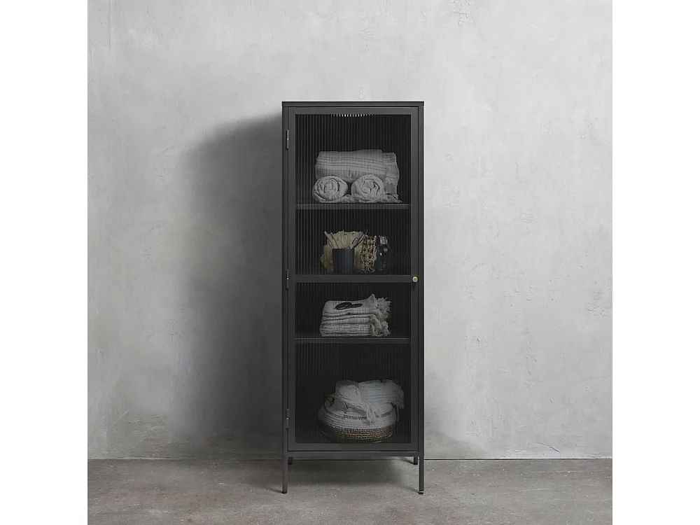 Bjorn - Colonne de rangement 1 porte en verre strié et métal H160cm - Noir