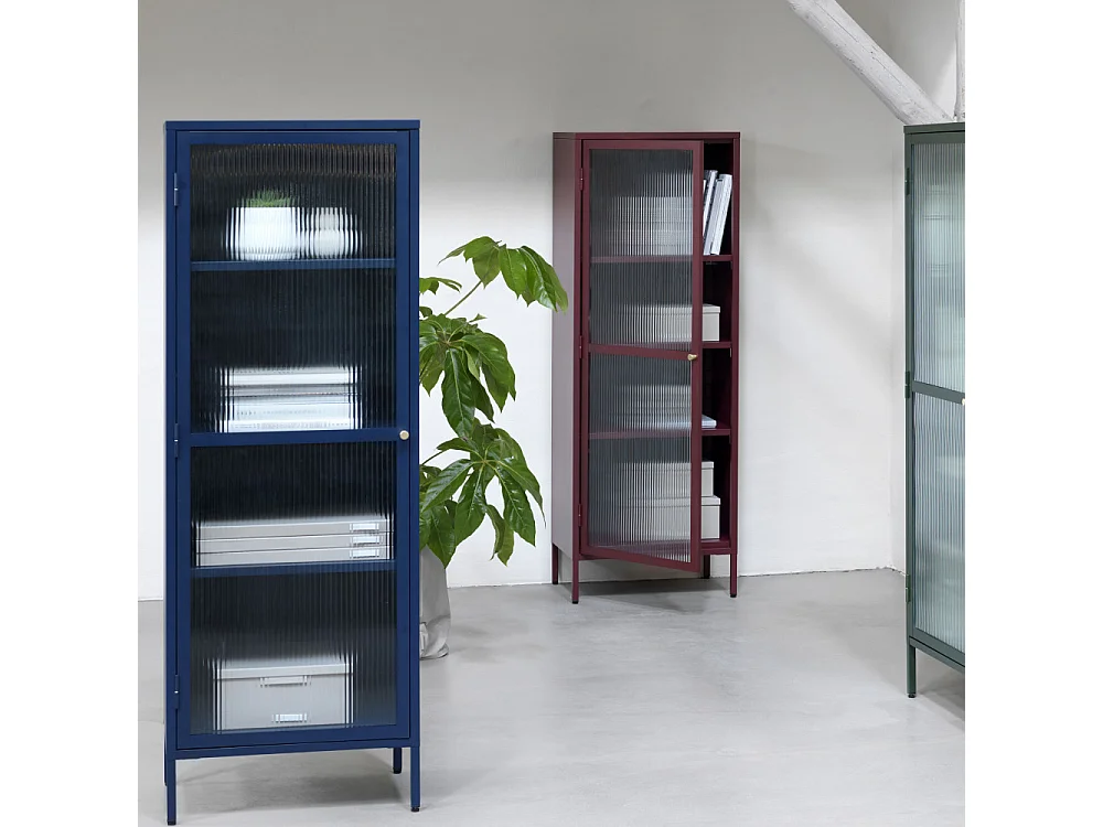 Bjorn - Colonne de rangement 1 porte en verre strié et métal H160cm - Vert foncé