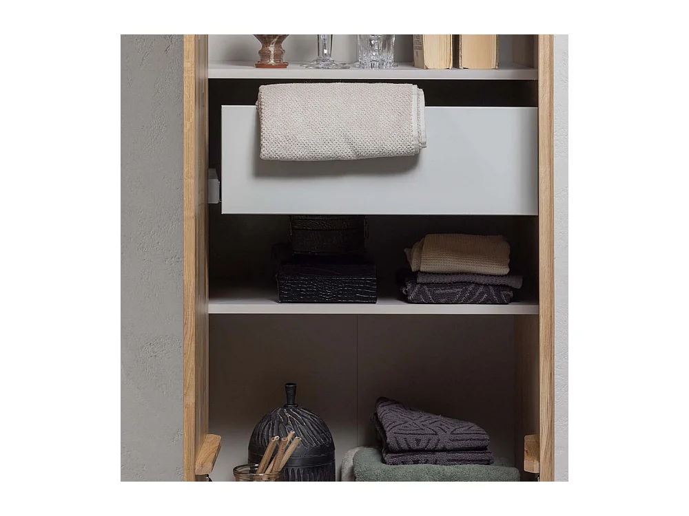 New Gravure - Colonne de rangement en bois 2 portes 1 tiroir H210cm - Bois clair