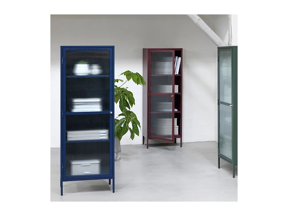 Bjorn - Colonne de rangement 1 porte en verre strié et métal H160cm - Bleu