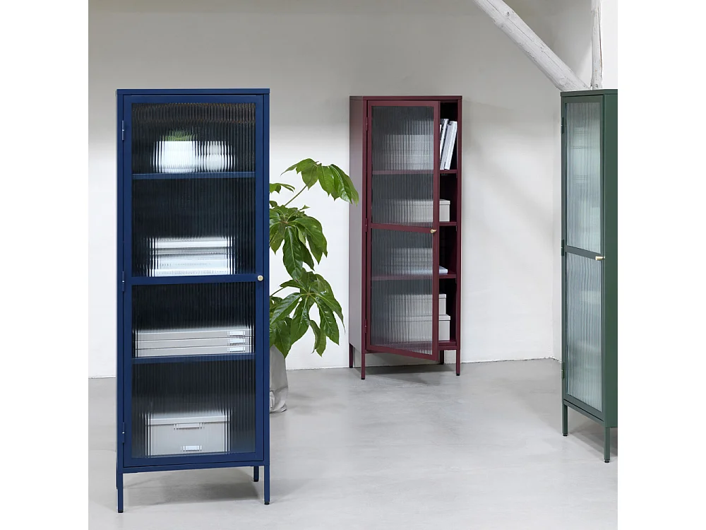 Bjorn - Colonne de rangement 1 porte en verre strié et métal H160cm - Bleu