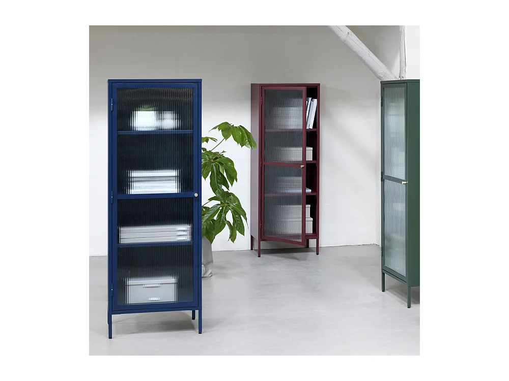 Bjorn - Colonne de rangement 1 porte en verre strié et métal H160cm - Bordeaux