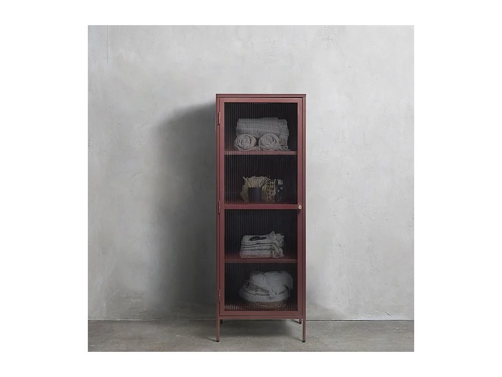 Bjorn - Colonne de rangement 1 porte en verre strié et métal H160cm - Bordeaux