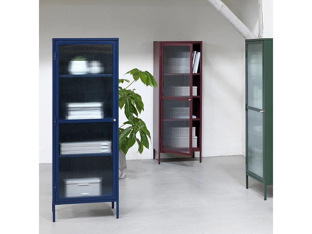 Bjorn - Colonne de rangement 1 porte en verre strié et métal H160cm - Bordeaux