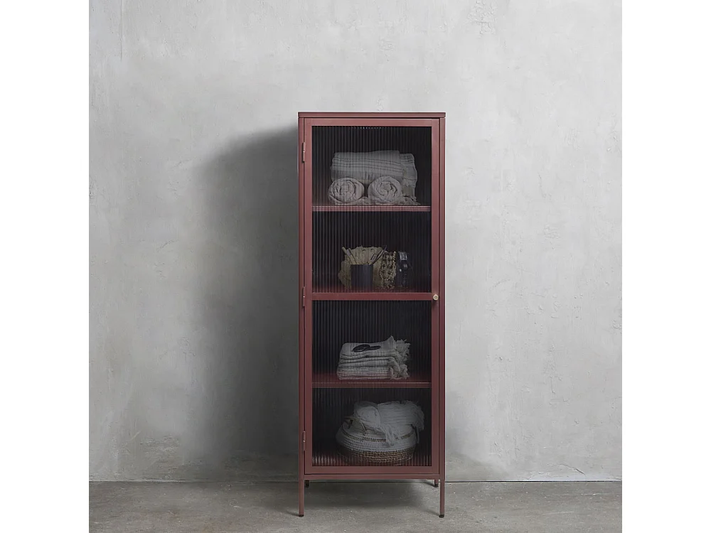 Bjorn - Colonne de rangement 1 porte en verre strié et métal H160cm - Bordeaux