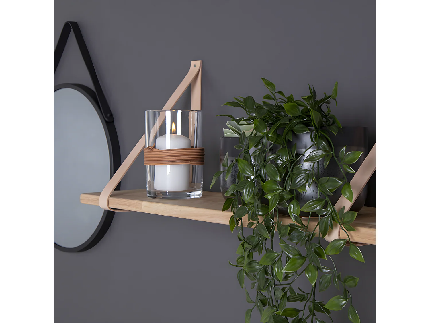 Forno - Etagère murale en bois et cuir 120x20 cm - Naturel