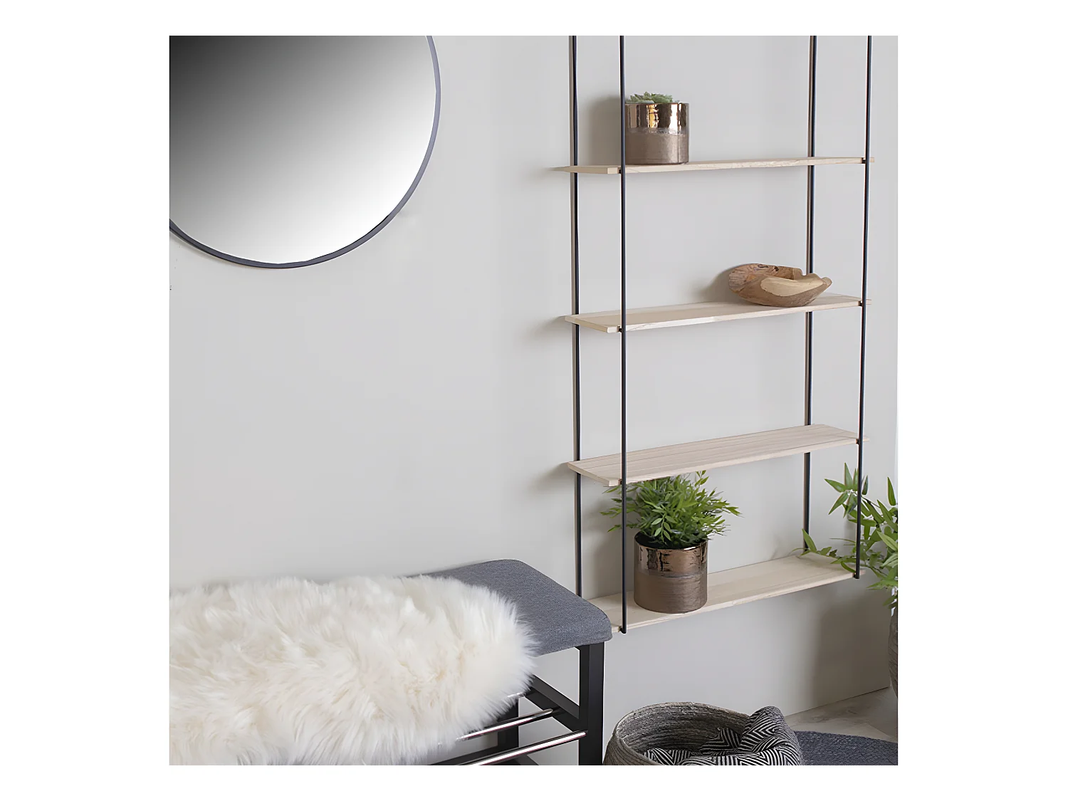 Estante de 5 coronas en madera natural con marco negro 65 x 17 x 145 cm