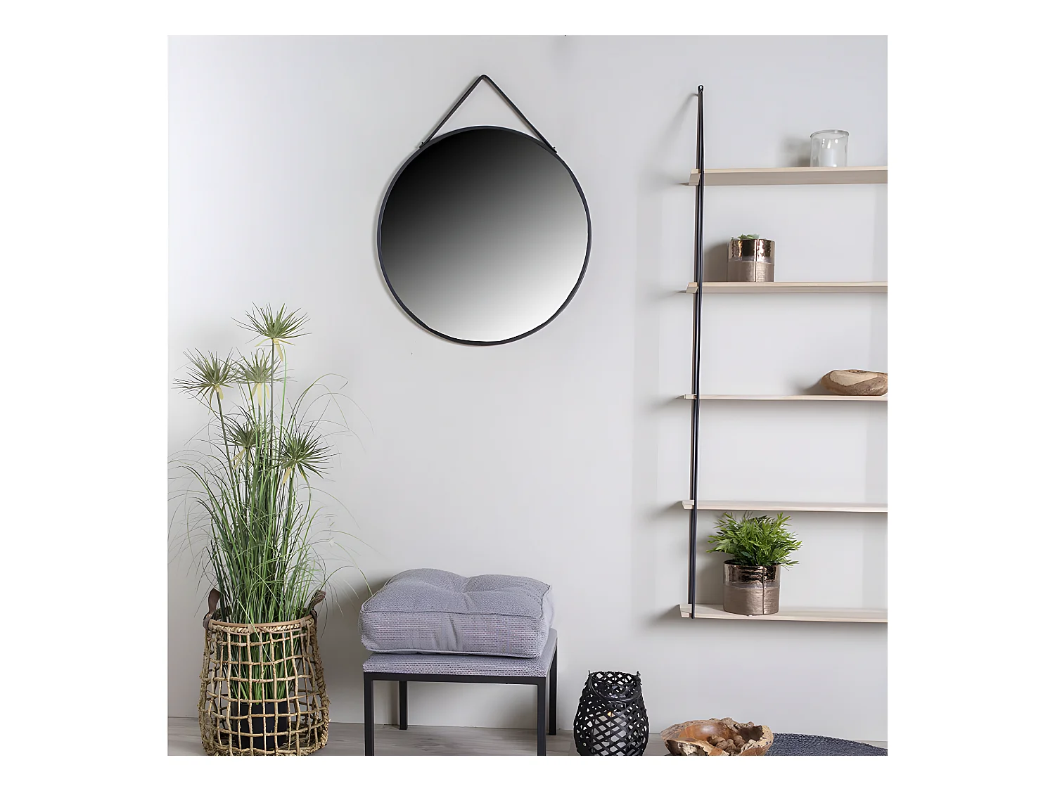 Estante de 5 coronas en madera natural con marco negro 65 x 17 x 145 cm