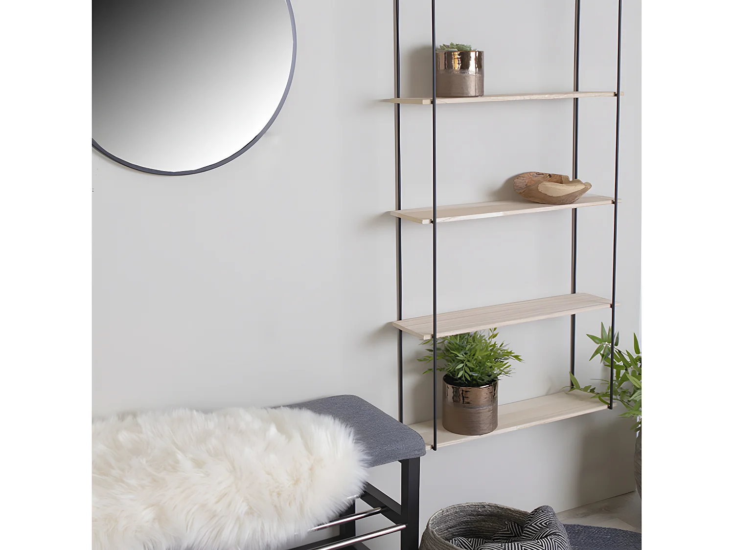 Eindhoven - Etagère murale en métal et bois 65x17xH145 cm - Bois clair / noir