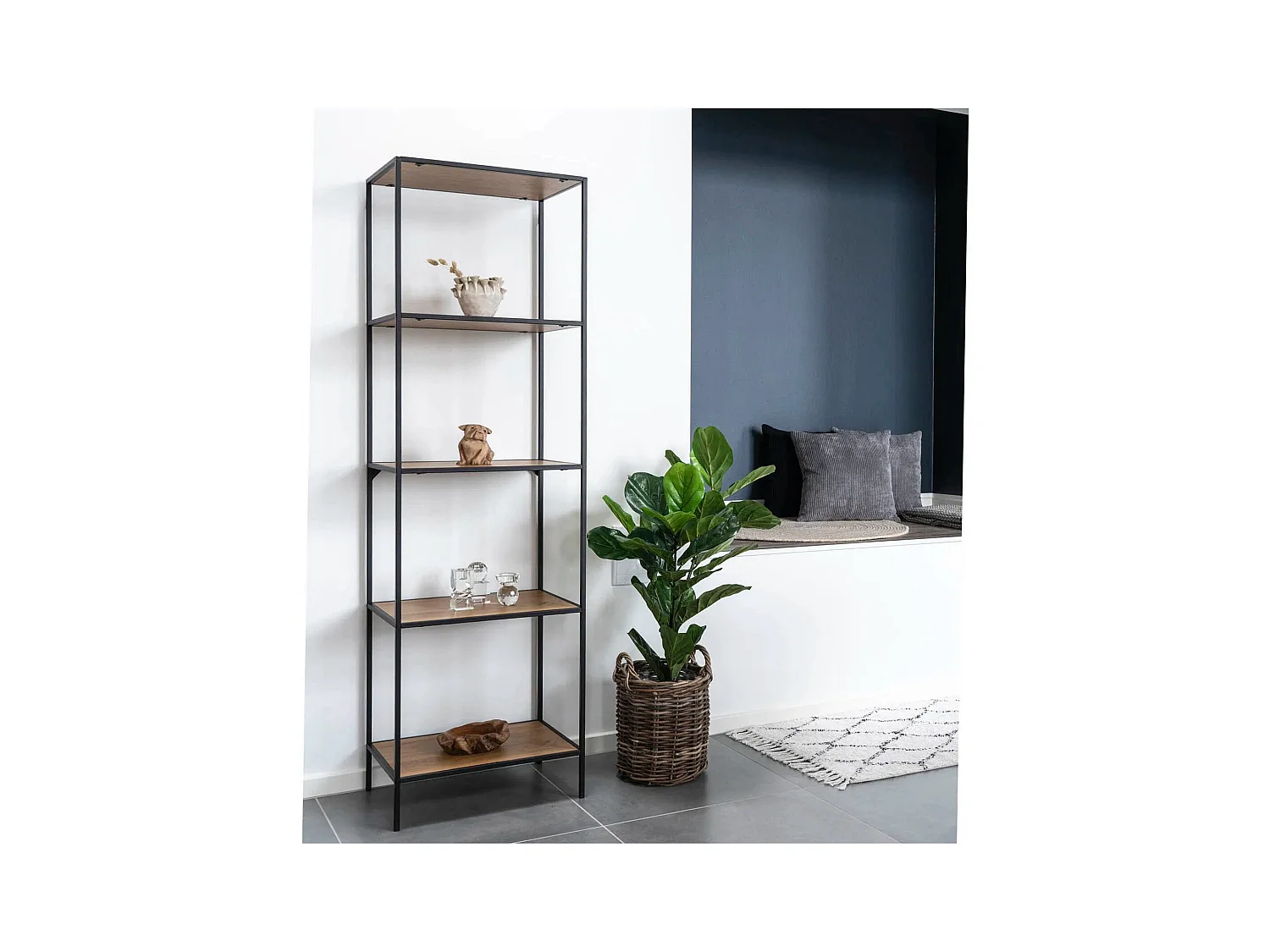 Vita Regal schmal mit 3 Regalen, schwarz, Eichendekor.