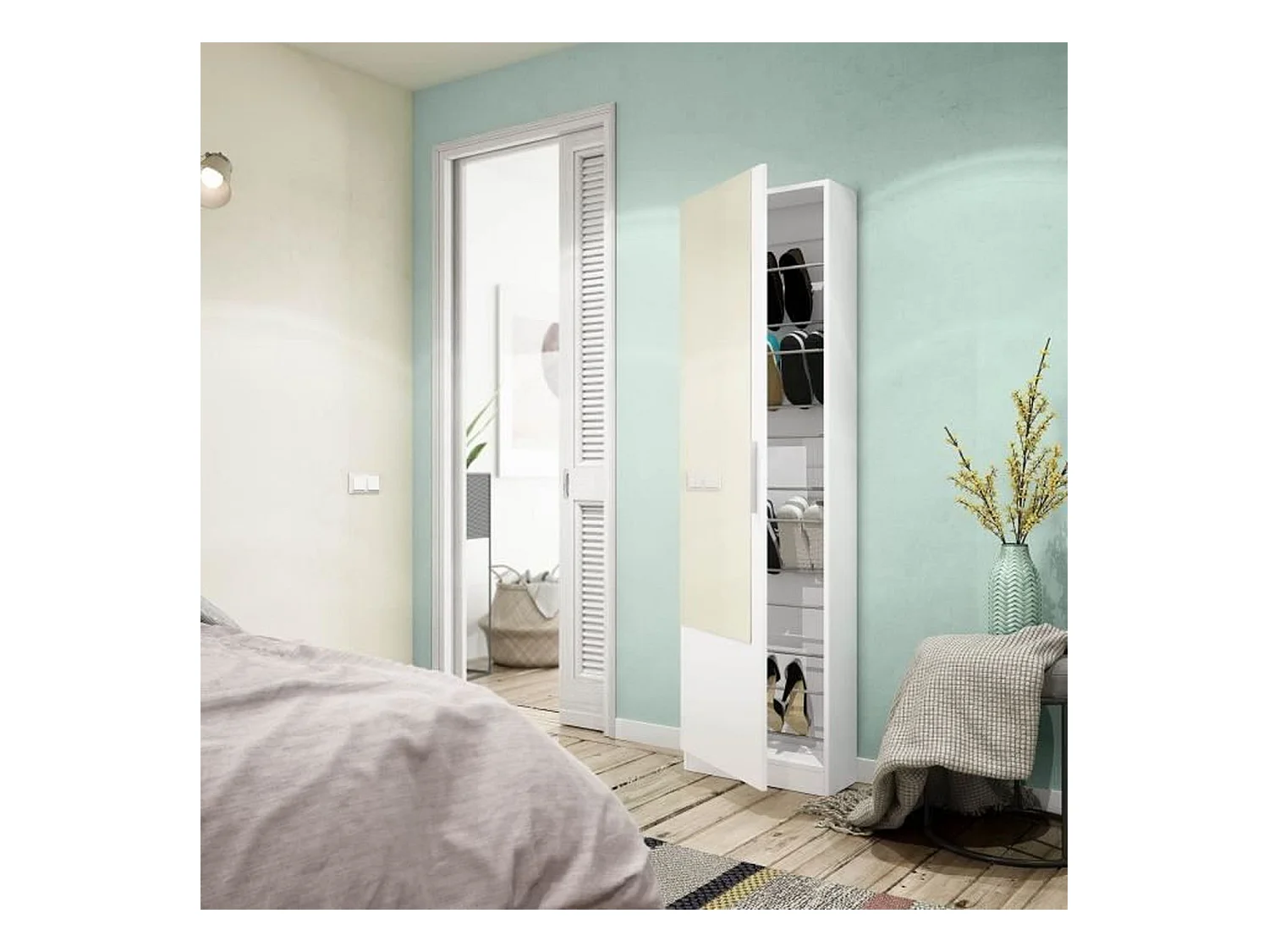 Schuhschrank, 1 Tür mit Spiegel - H180 cm