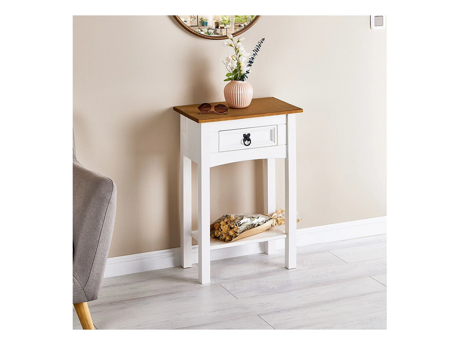 Table console CAMPO table d'appoint en bois style mexicain avec 1 tiroir et 1 étagère, en pin massif lasuré blanc et brun