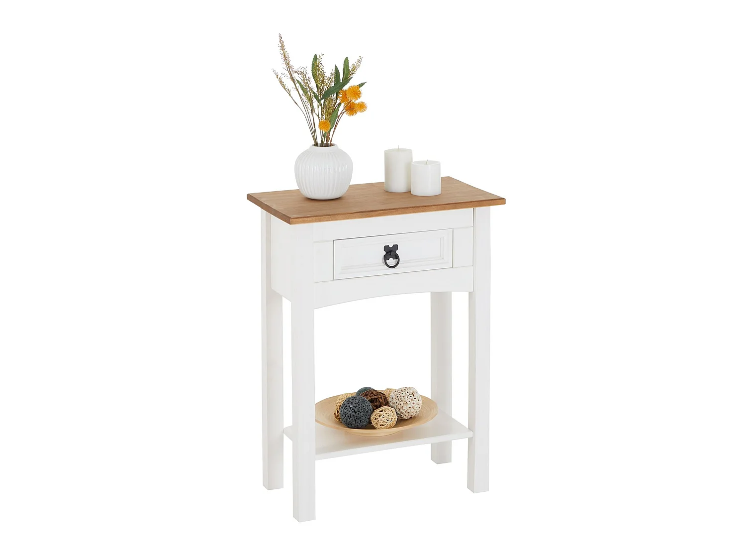 Table console CAMPO table d'appoint en bois style mexicain avec 1 tiroir et 1 étagère, en pin massif lasuré blanc et brun