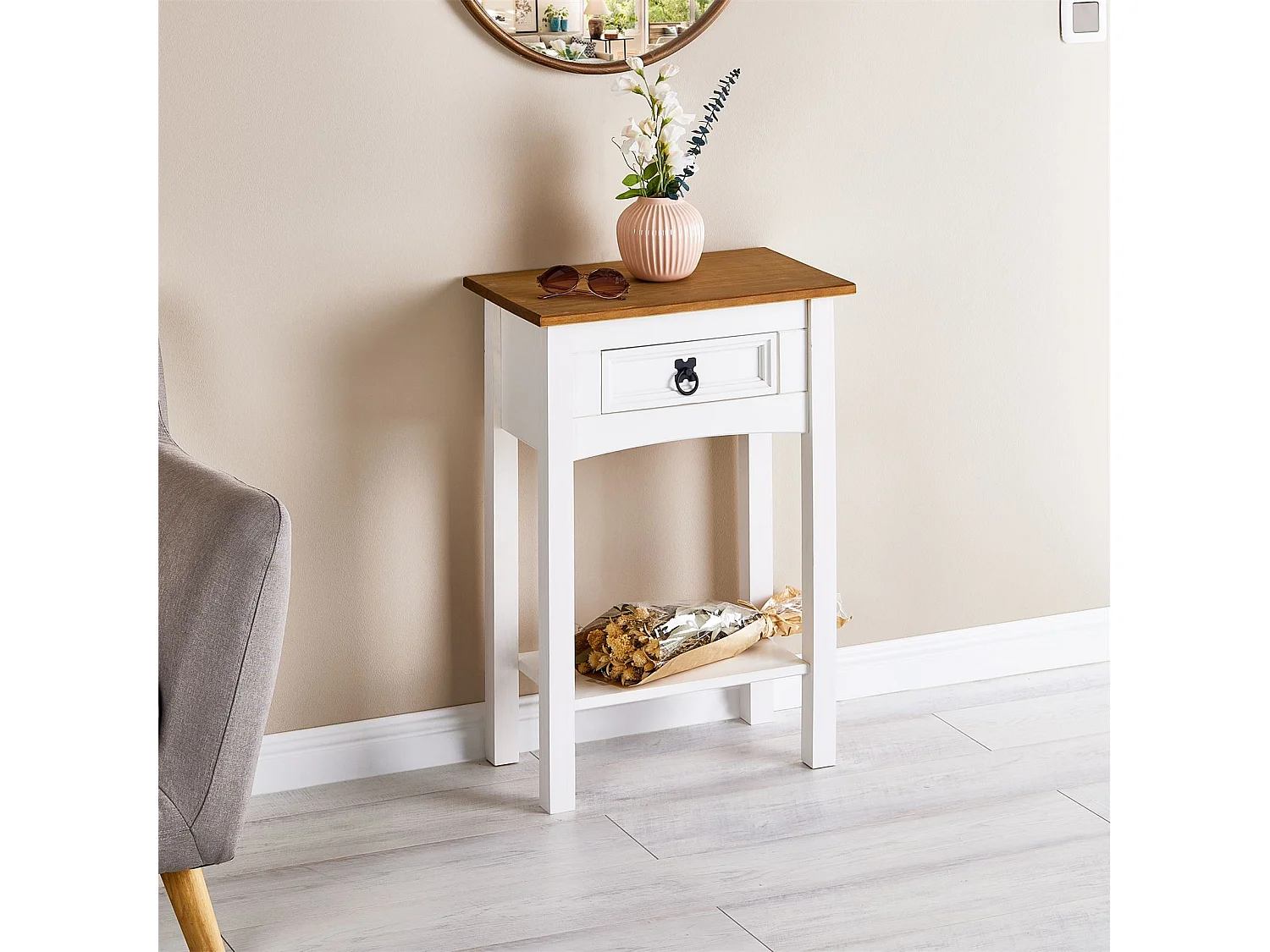 Table console CAMPO table d'appoint en bois style mexicain avec 1 tiroir et 1 étagère, en pin massif lasuré blanc et brun