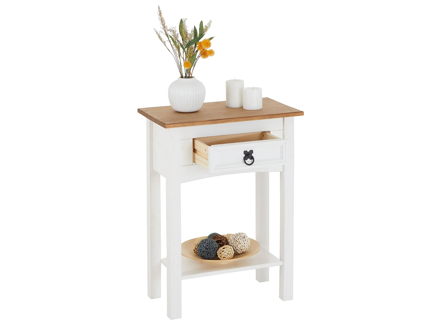 Table console CAMPO table d'appoint en bois style mexicain avec 1 tiroir et 1 étagère, en pin massif lasuré blanc et brun