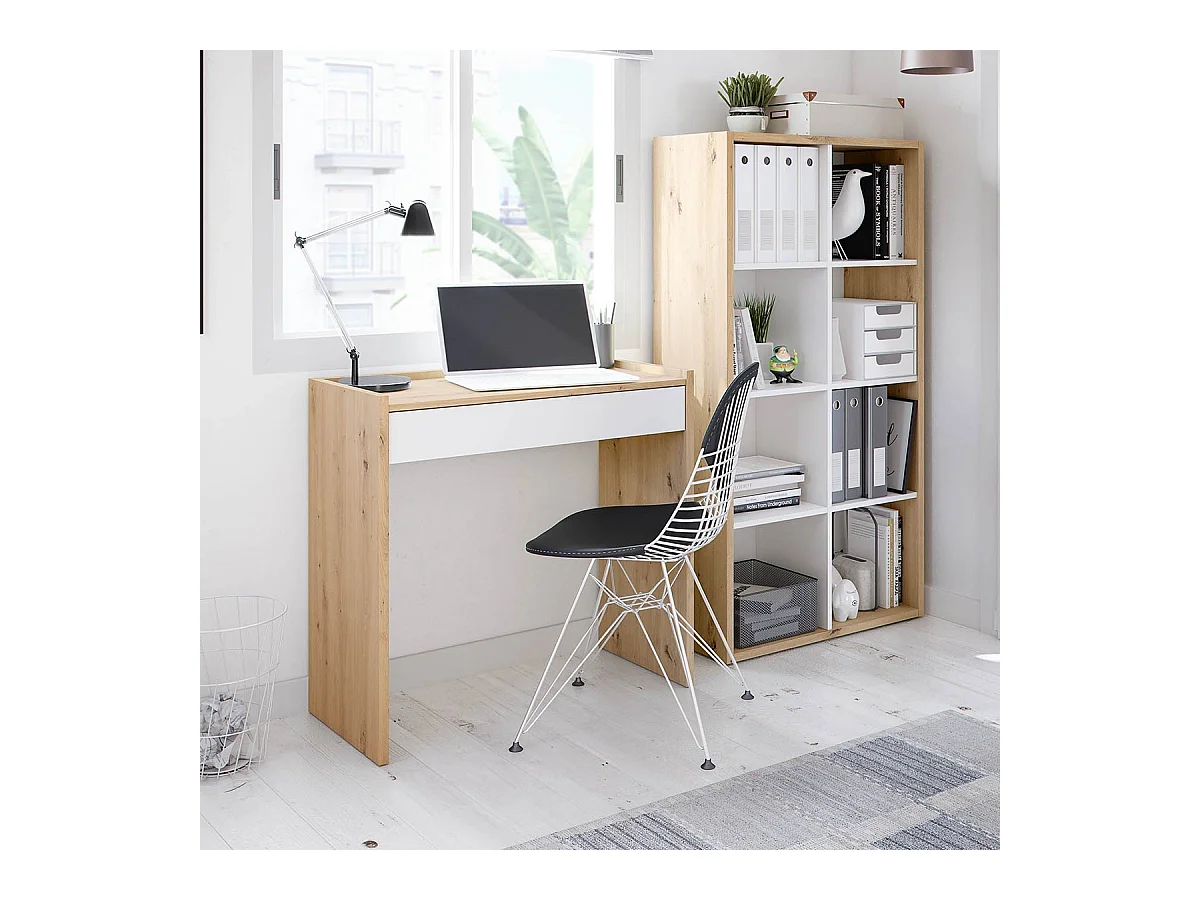 Étagère bicolore 8 casiers décor blanc et chêne noueux - L72 cm