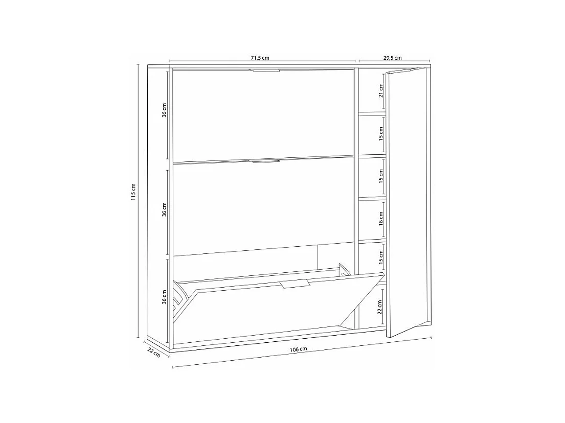 Meuble à chaussures 3 abattants et 1 porte 30 paires - L106 cm
