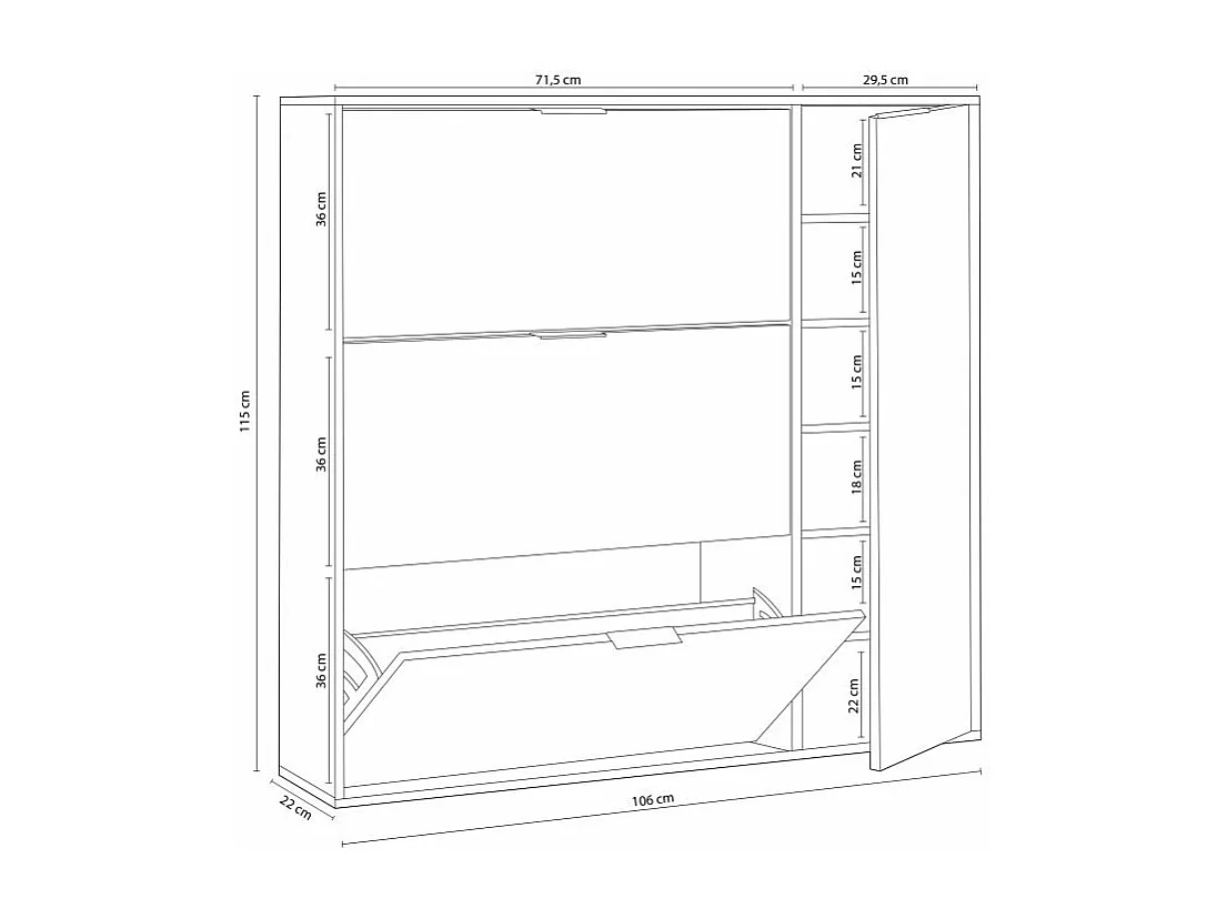 Meuble à chaussures 3 abattants et 1 porte 30 paires - L106 cm